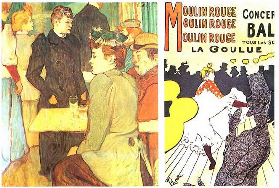 Toulouse-Lautrec-en bi obra. Ezkerrean, Moulin de la Galette-ko txoko bat koadroa (1892). Nazional Ga11ery, Washington. Eskuarean, Moulin Rougen, la Goulue kartela (1891).Irudi hauetan ikus daitekeenez, kabaretak eta tabernak izan ziren Toulouse-Lautrec-en obretako gai nagusiak.<br><br>
